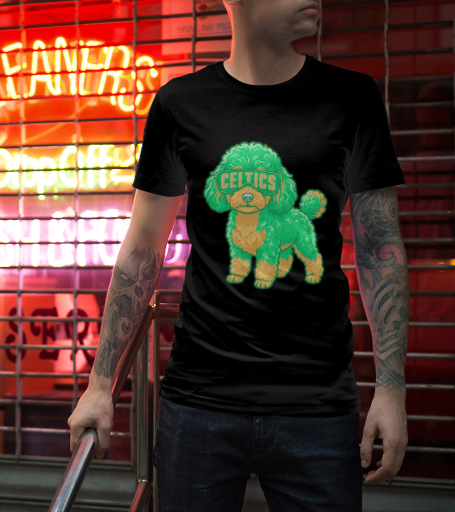 Boston Celtics Teacup Poodle Cartoon With Celtics Sunglasses T-Shirt