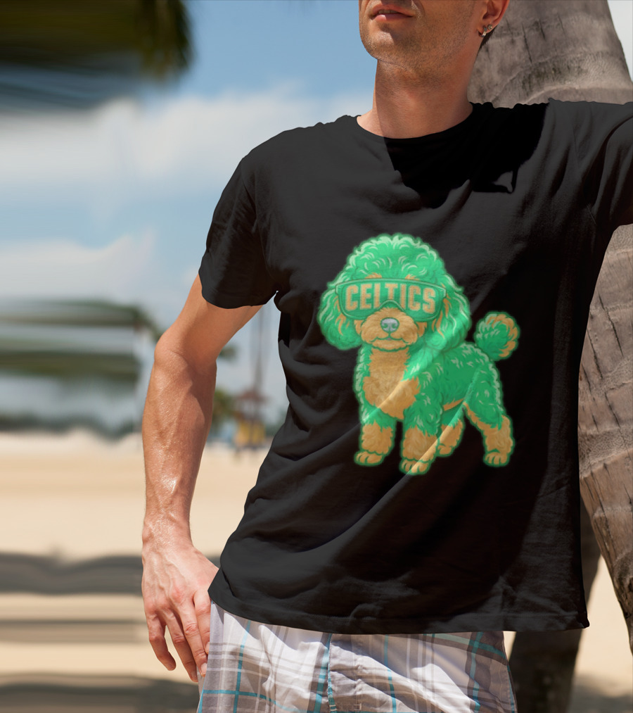 Boston Celtics Teacup Poodle Cartoon With Celtics Sunglasses T-Shirt