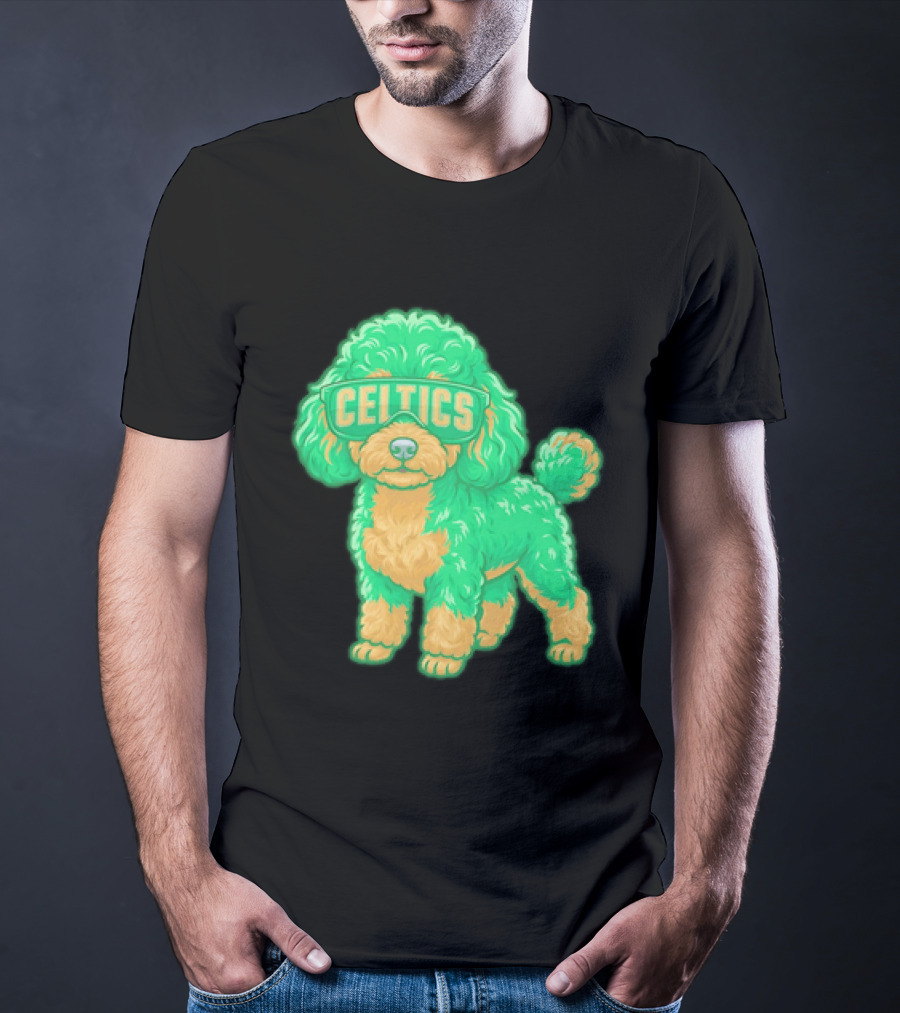 Boston Celtics Teacup Poodle Cartoon With Celtics Sunglasses T-Shirt