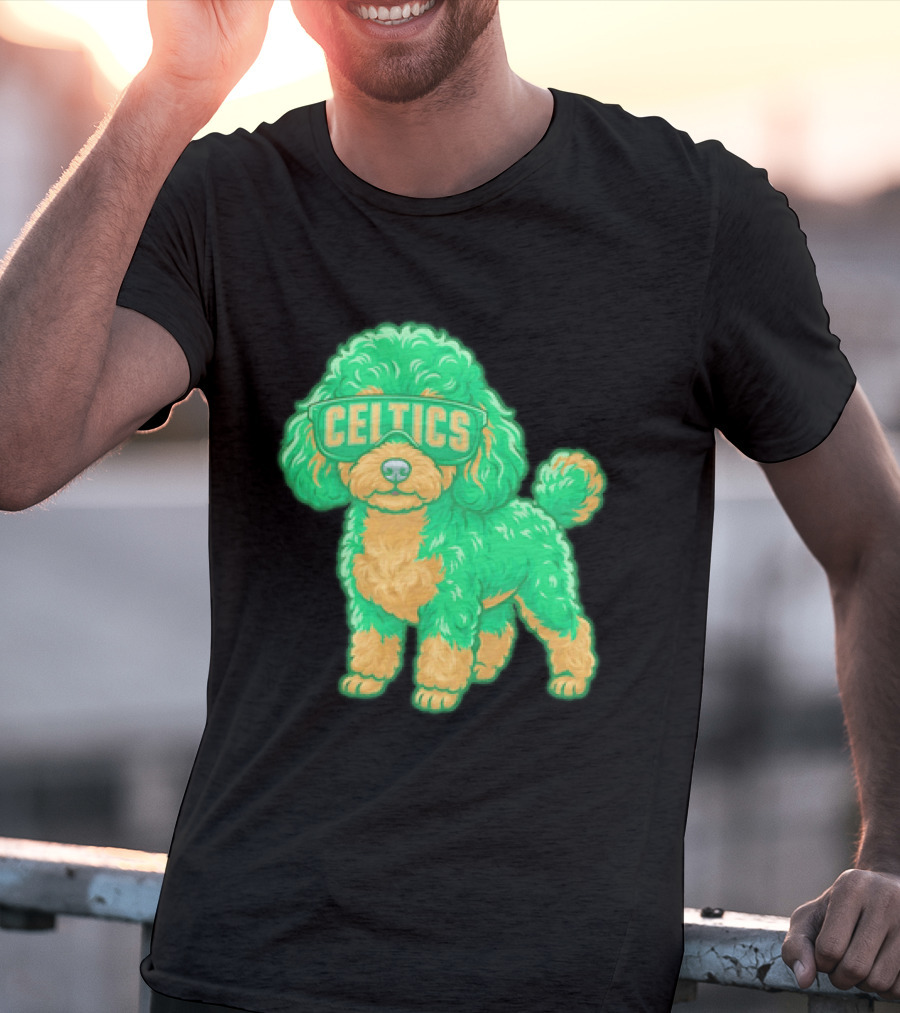 Boston Celtics Teacup Poodle Cartoon With Celtics Sunglasses T-Shirt
