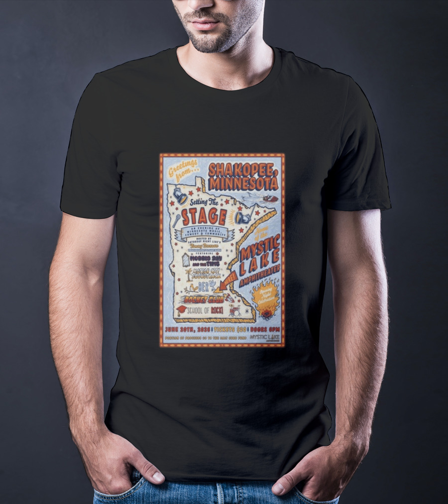 Greetings From Shakopee Minnesota Mystic Lake Amphitheater June 20 2026 Setting The Stage School Of Rock Band Event T-Shirt