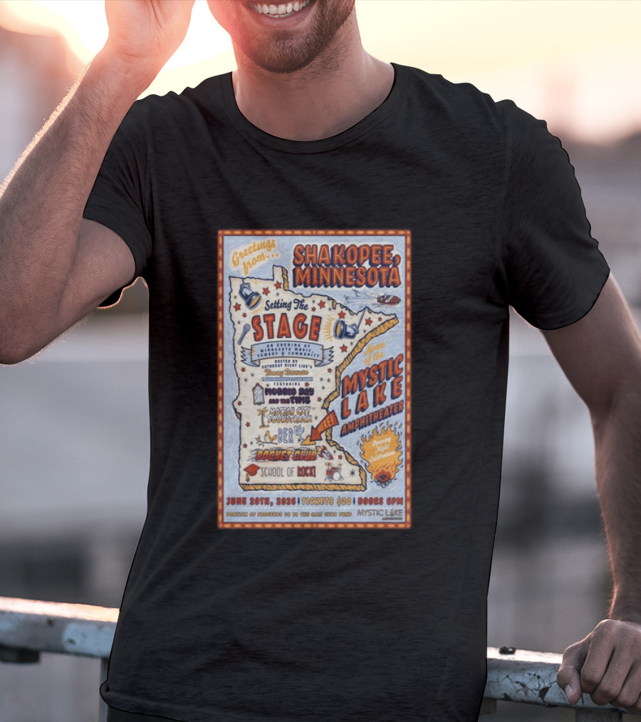 Greetings From Shakopee Minnesota Mystic Lake Amphitheater June 20 2026 Setting The Stage School Of Rock Band Event T-Shirt