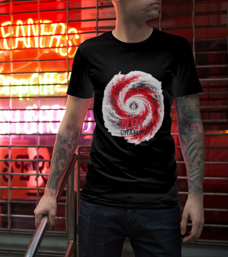 Carolina Hurricanes 2026 NHL Champs Storm With Hockey Trophy And Red Gray Swirl T-Shirt