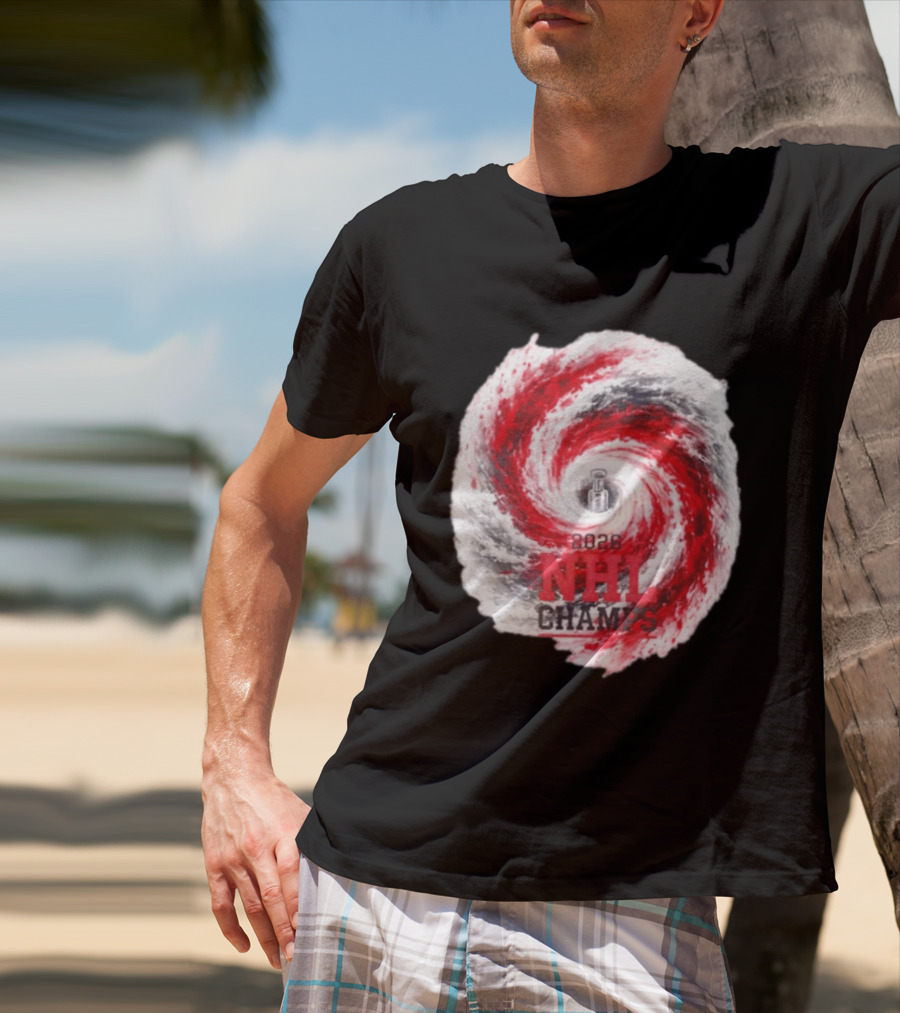 Carolina Hurricanes 2026 NHL Champs Storm With Hockey Trophy And Red Gray Swirl T-Shirt