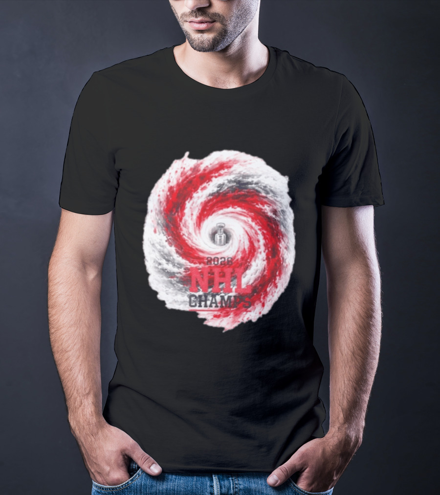 Carolina Hurricanes 2026 NHL Champs Storm With Hockey Trophy And Red Gray Swirl T-Shirt