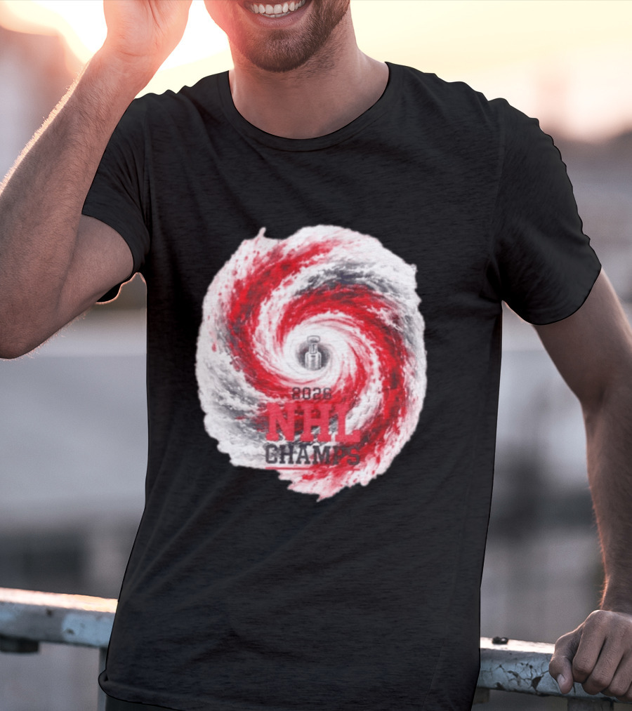 Carolina Hurricanes 2026 NHL Champs Storm With Hockey Trophy And Red Gray Swirl T-Shirt