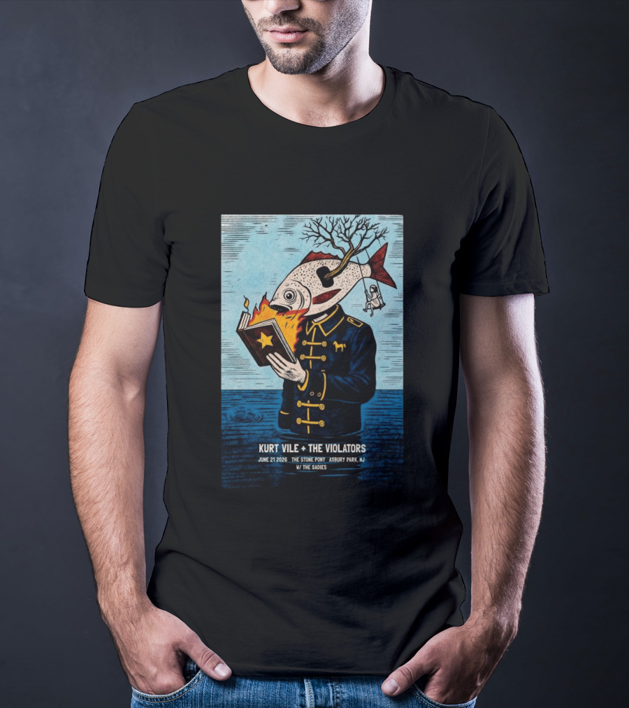 Kurt Vile + The Violators June 21 2026 Stone Pony Asbury Park NJ W/ The Sadies Surreal Fish Head Reading Book Burning Tree Swing T-Shirt
