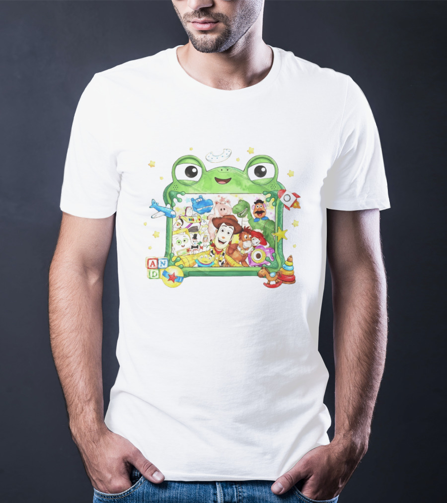 Woody And Buzz Lightyear Toy Story Characters Inside Frog Frame With Andy Blocks T-Shirt
