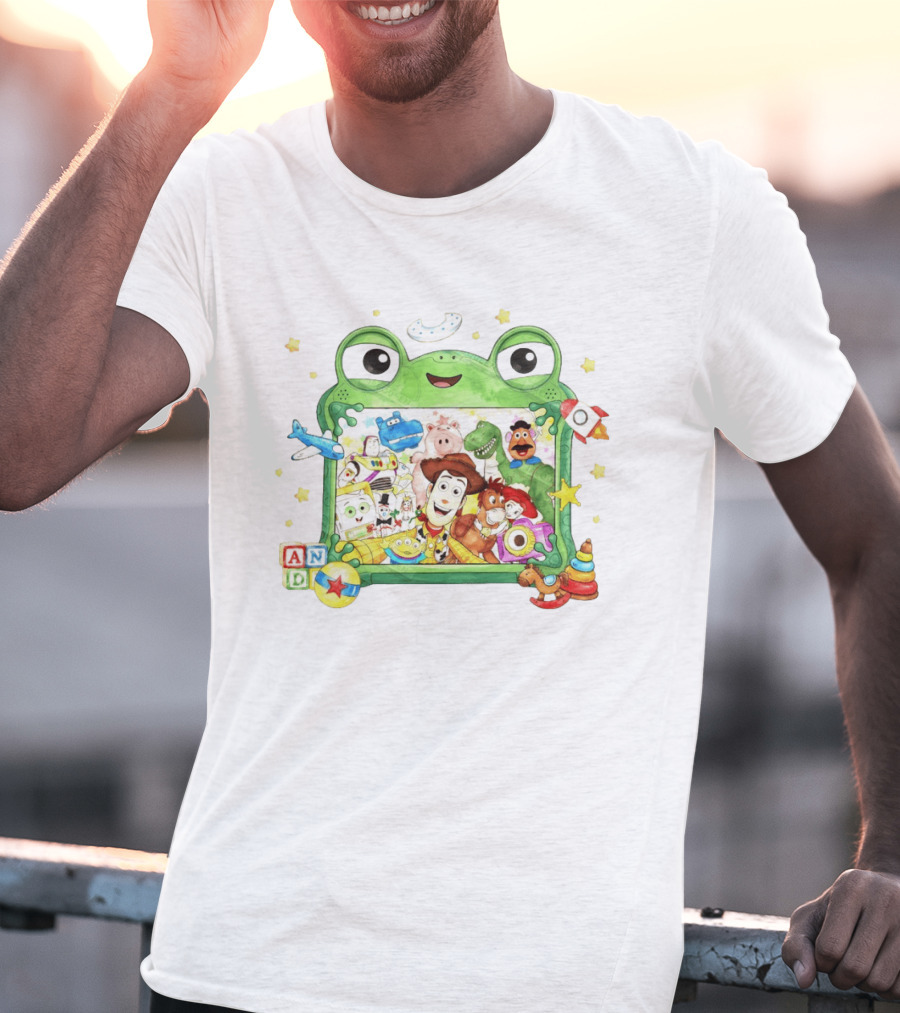 Woody And Buzz Lightyear Toy Story Characters Inside Frog Frame With Andy Blocks T-Shirt