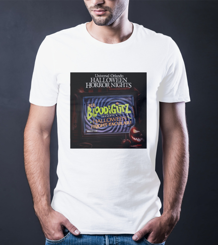 Universal Orlando Halloween Horror Nights HR Blood N Gutz Presents A Halloween Fright Tacular TV Experience T-Shirt