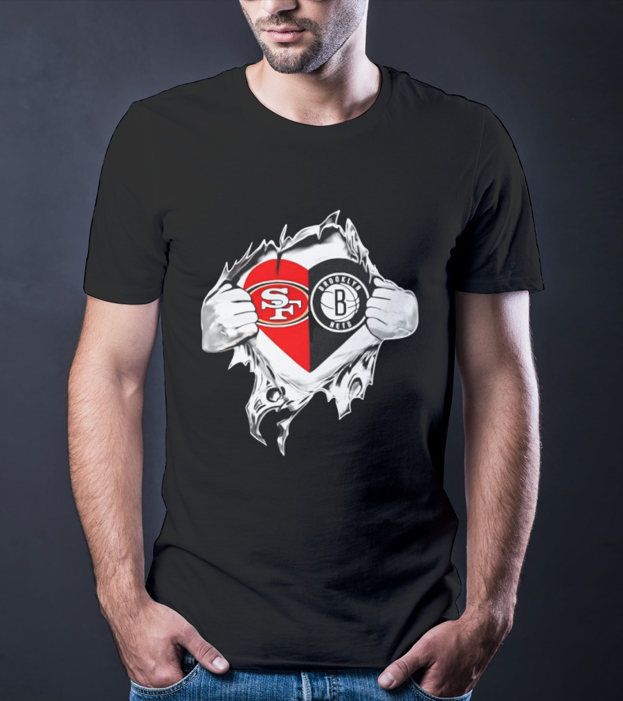 San Francisco 49ers Brooklyn Nets Heart Design Scratch Image T-Shirt