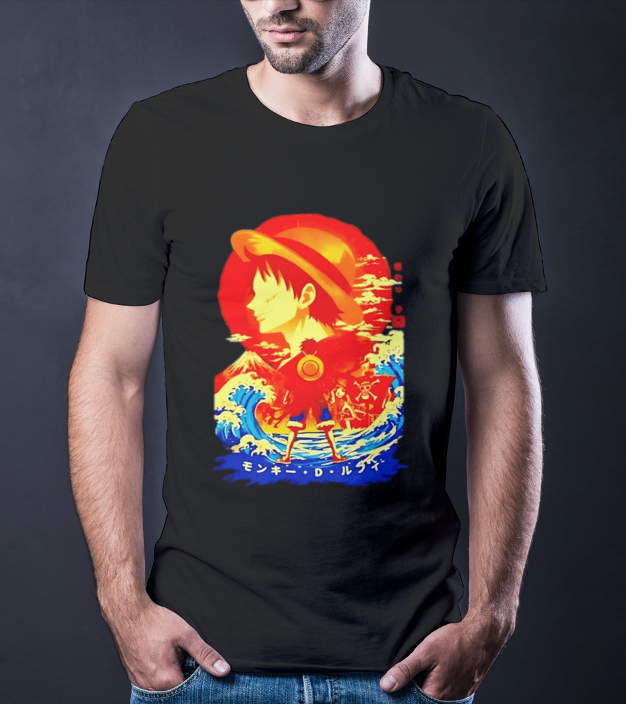 Monkey D. Luffy Straw Hat Waves Japanese Text One Piece Anime T-Shirt