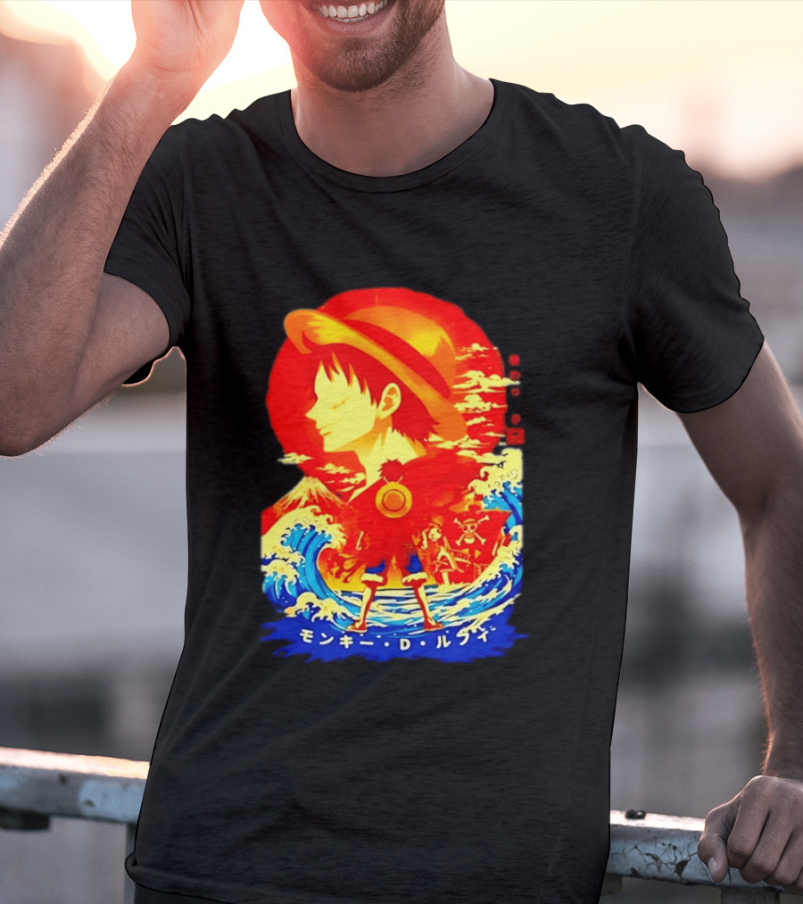 Monkey D. Luffy Straw Hat Waves Japanese Text One Piece Anime T-Shirt