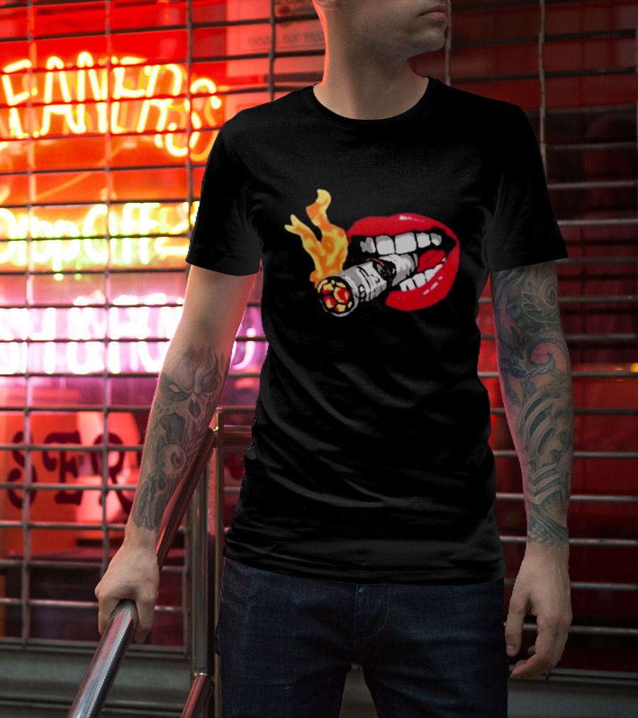 Flaming Smoking Money Lips Chenille T-Shirt