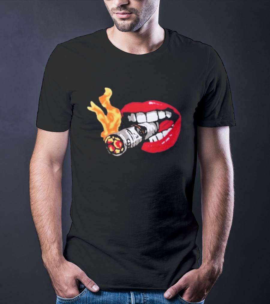 Flaming Smoking Money Lips Chenille T-Shirt