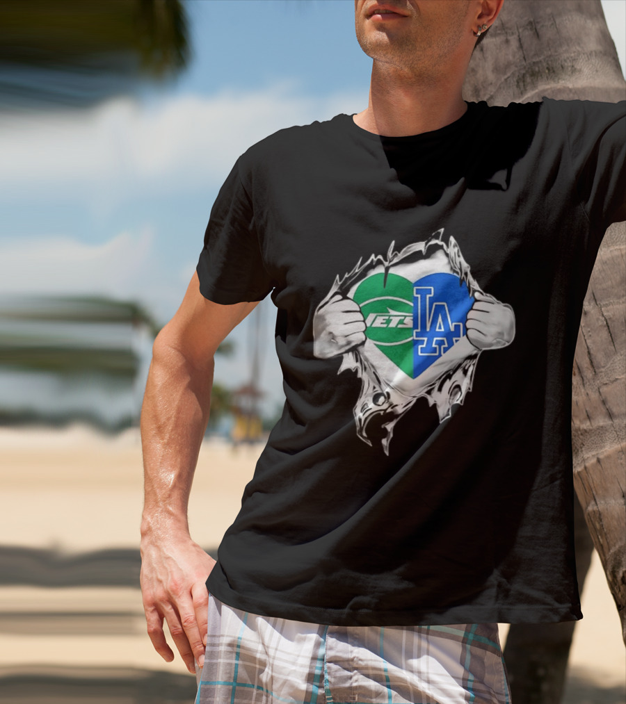 New York Jets Los Angeles Dodgers Heart Scratch T-Shirt