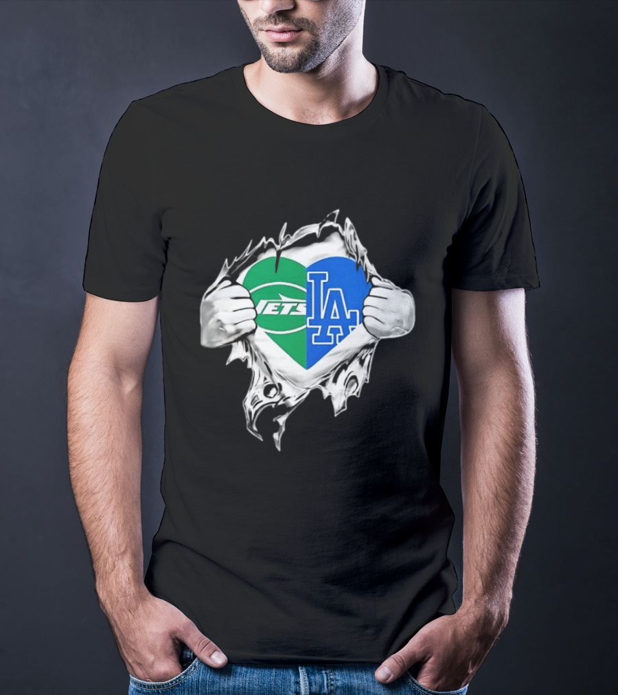 New York Jets Los Angeles Dodgers Heart Scratch T-Shirt