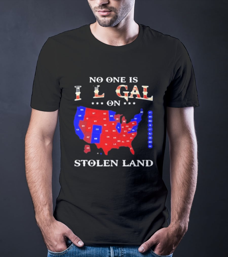 No One Is Illegal On Stolen Land USA Map Red And Blue States T-Shirt
