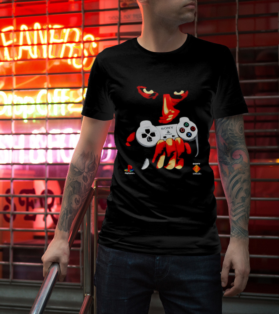 Sony PlayStation Controller 1996 Classic Design With Iconic Red Monster Hand T-Shirt