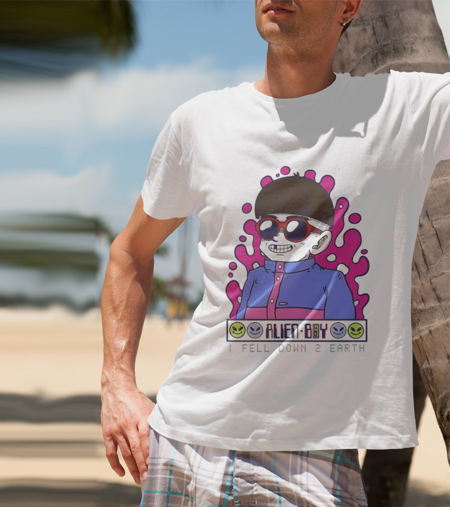 Alien Boy I Fell Down 2 Earth Cool Kid Retro Pink Smiley Vibes T-Shirt