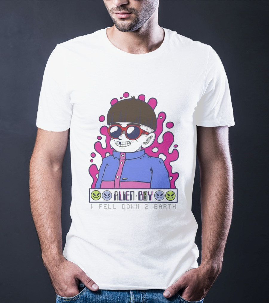 Alien Boy I Fell Down 2 Earth Cool Kid Retro Pink Smiley Vibes T-Shirt