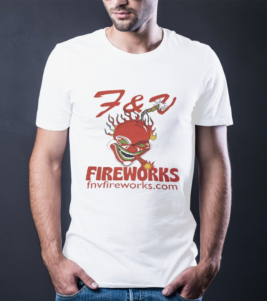 F & V Fireworks Clown Logo With Lit Firecracker And Fnvfireworks.com T-Shirt