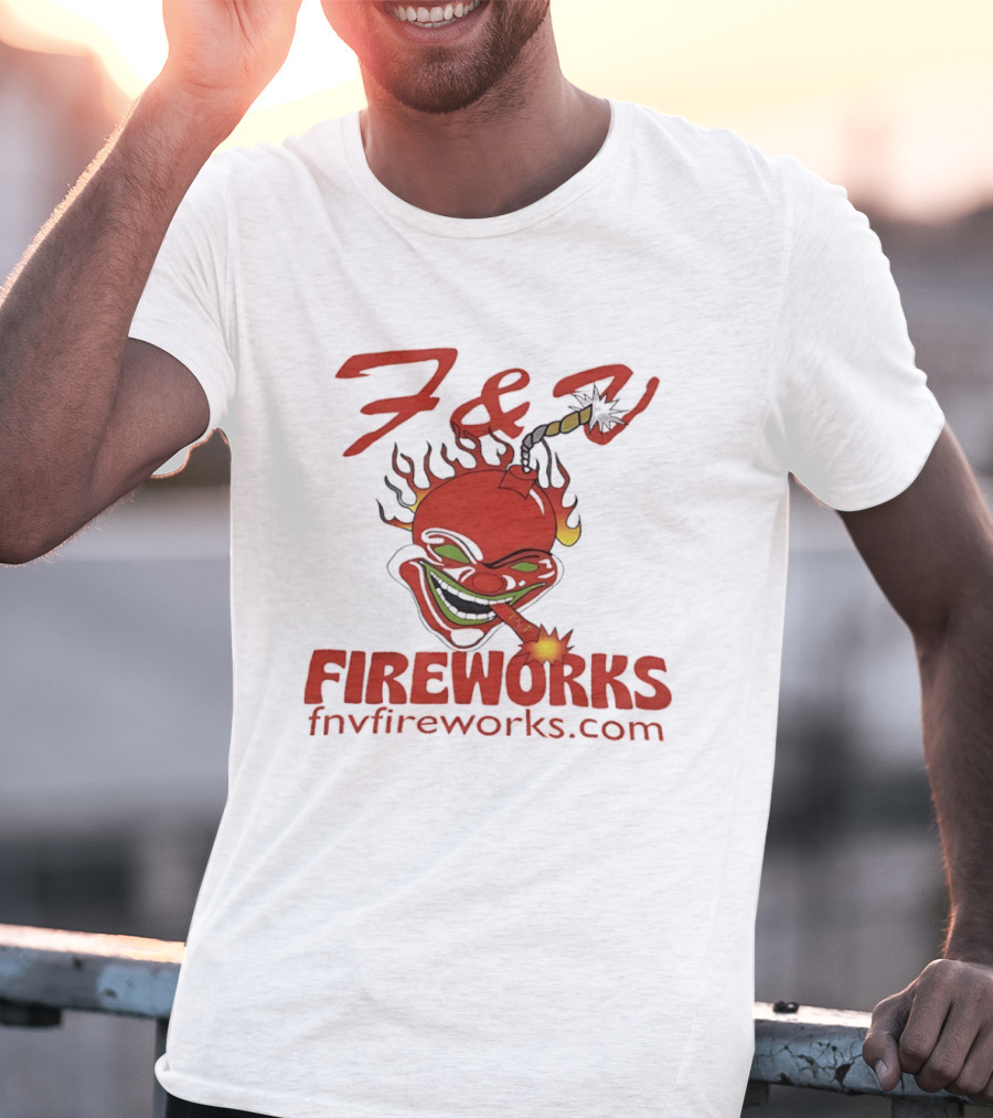 F & V Fireworks Clown Logo With Lit Firecracker And Fnvfireworks.com T-Shirt