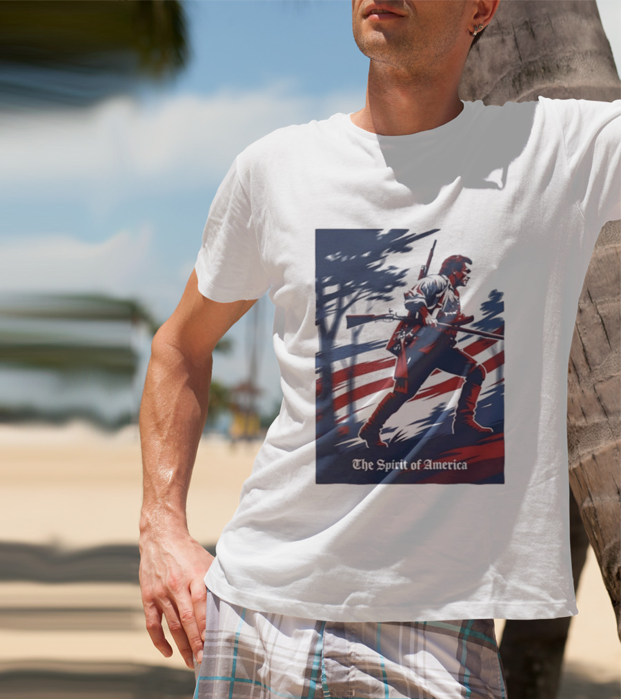 The Spirit Of America Revolutionary War Soldier With Musket And American Flag T-Shirt