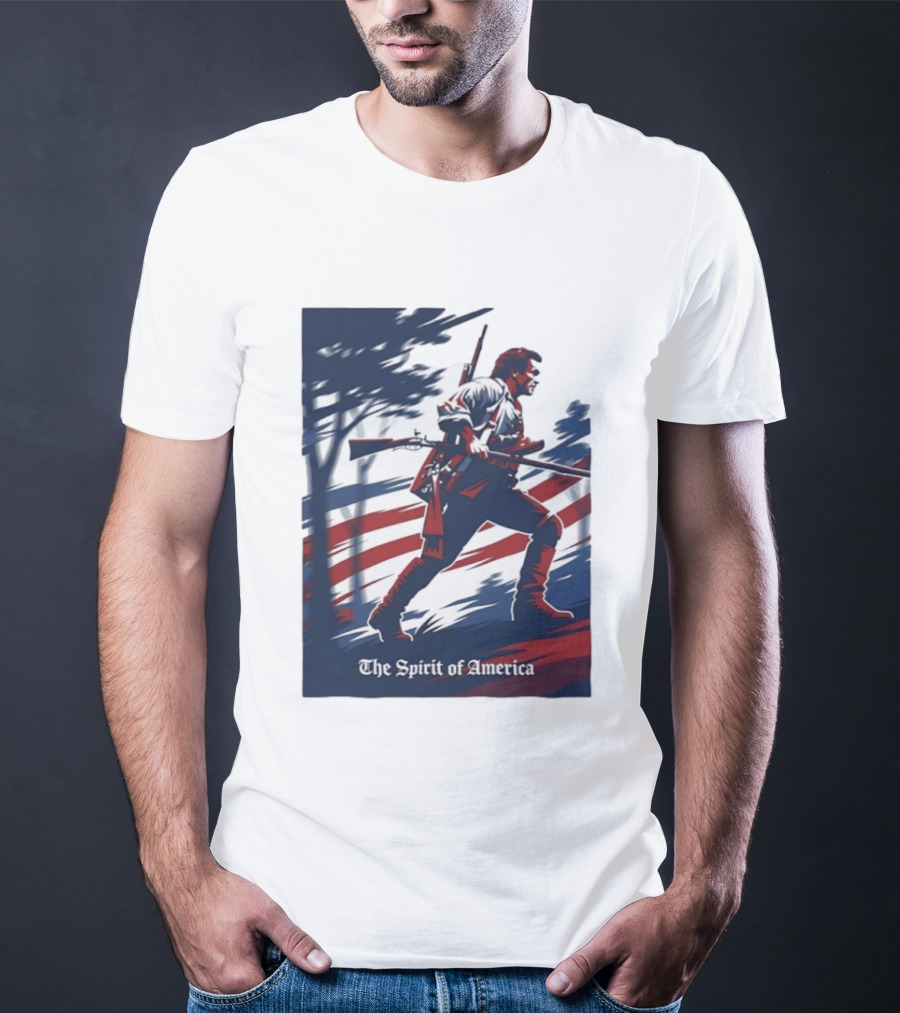 The Spirit Of America Revolutionary War Soldier With Musket And American Flag T-Shirt