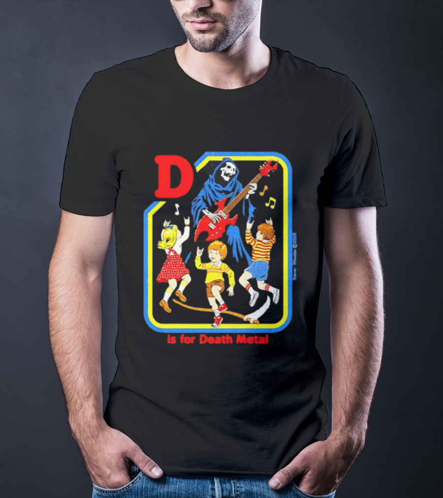 D Is For Death Metal Grim Reaper Kids Rocking Out With Electric Guitar T-Shirt