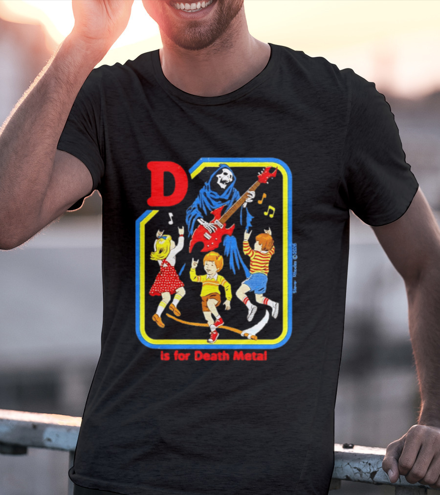 D Is For Death Metal Grim Reaper Kids Rocking Out With Electric Guitar T-Shirt
