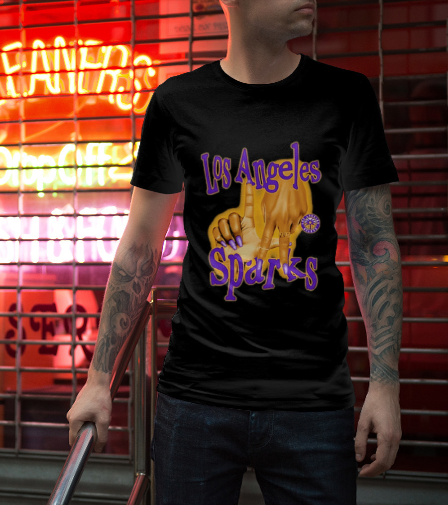 Los Angeles Sparks WNBA Finger Gesture Purple Ink Sketch T-Shirt