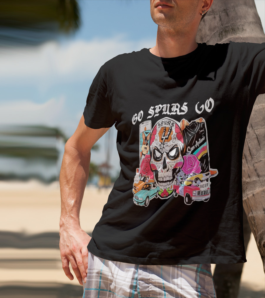San Antonio Spurs Sugar Skull Go Spurs Go Vintage Cars Roses T-Shirt