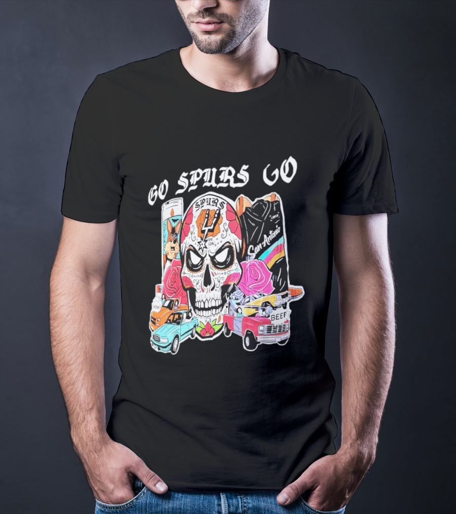 San Antonio Spurs Sugar Skull Go Spurs Go Vintage Cars Roses T-Shirt