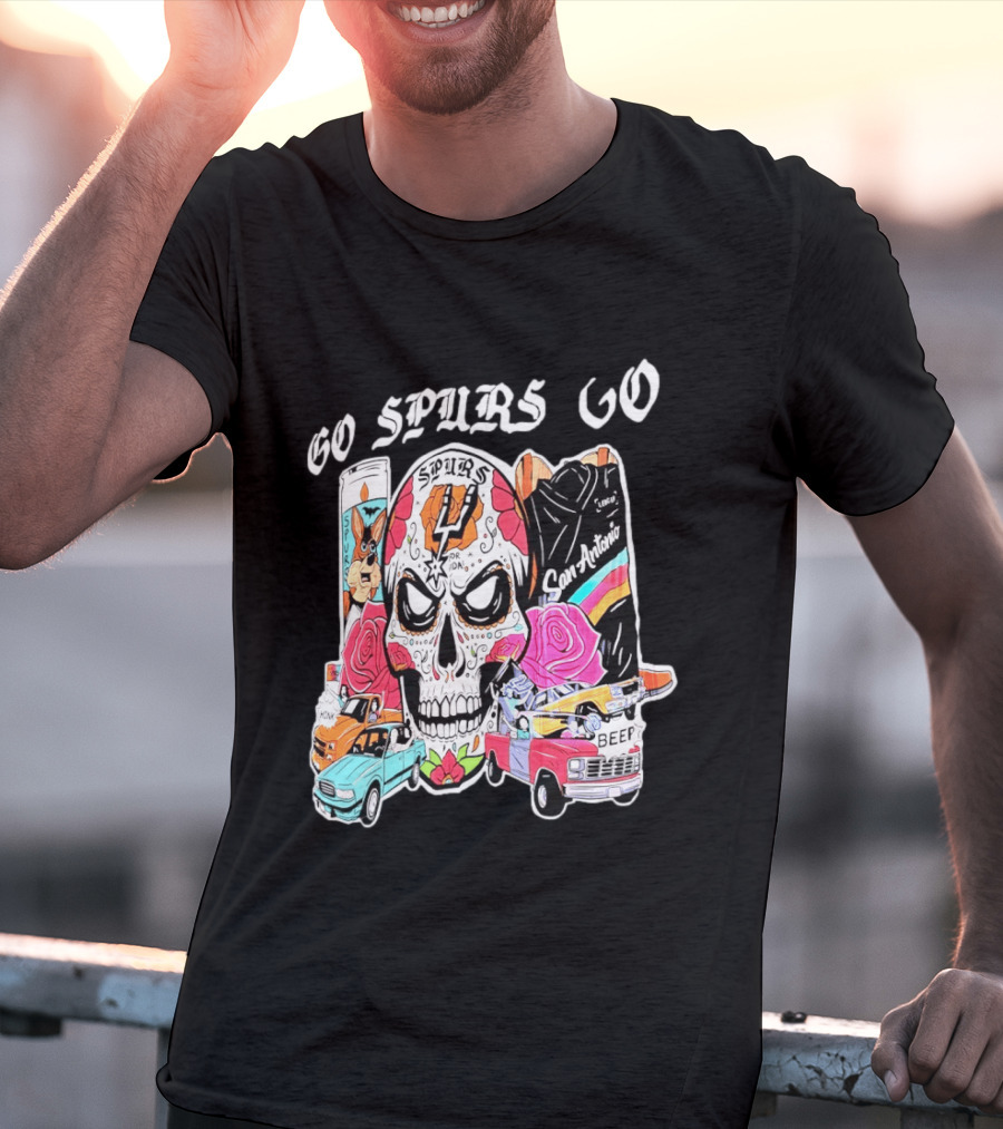 San Antonio Spurs Sugar Skull Go Spurs Go Vintage Cars Roses T-Shirt
