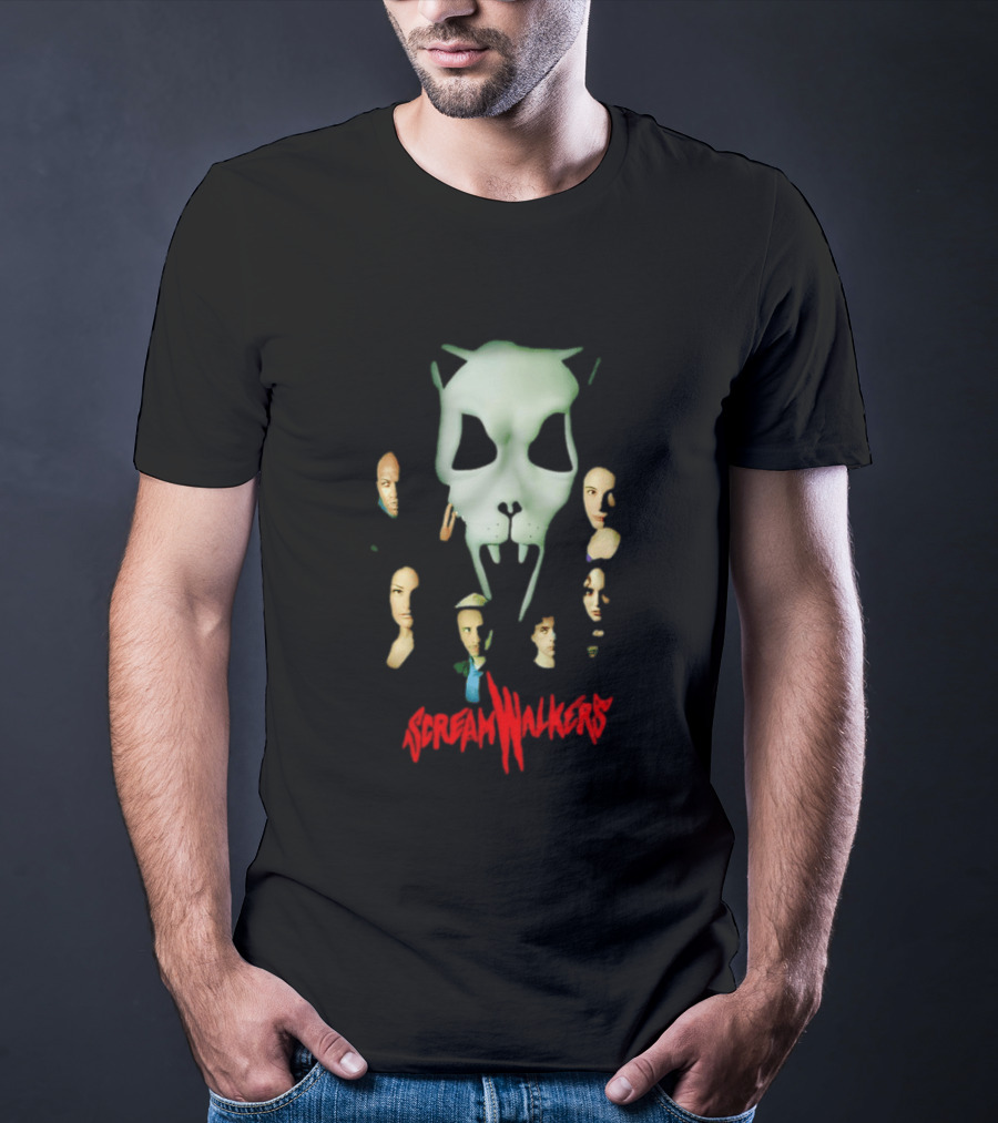 Screamwalkers Movie Cast Ensemble With Giant Mask Horror Faces T-Shirt