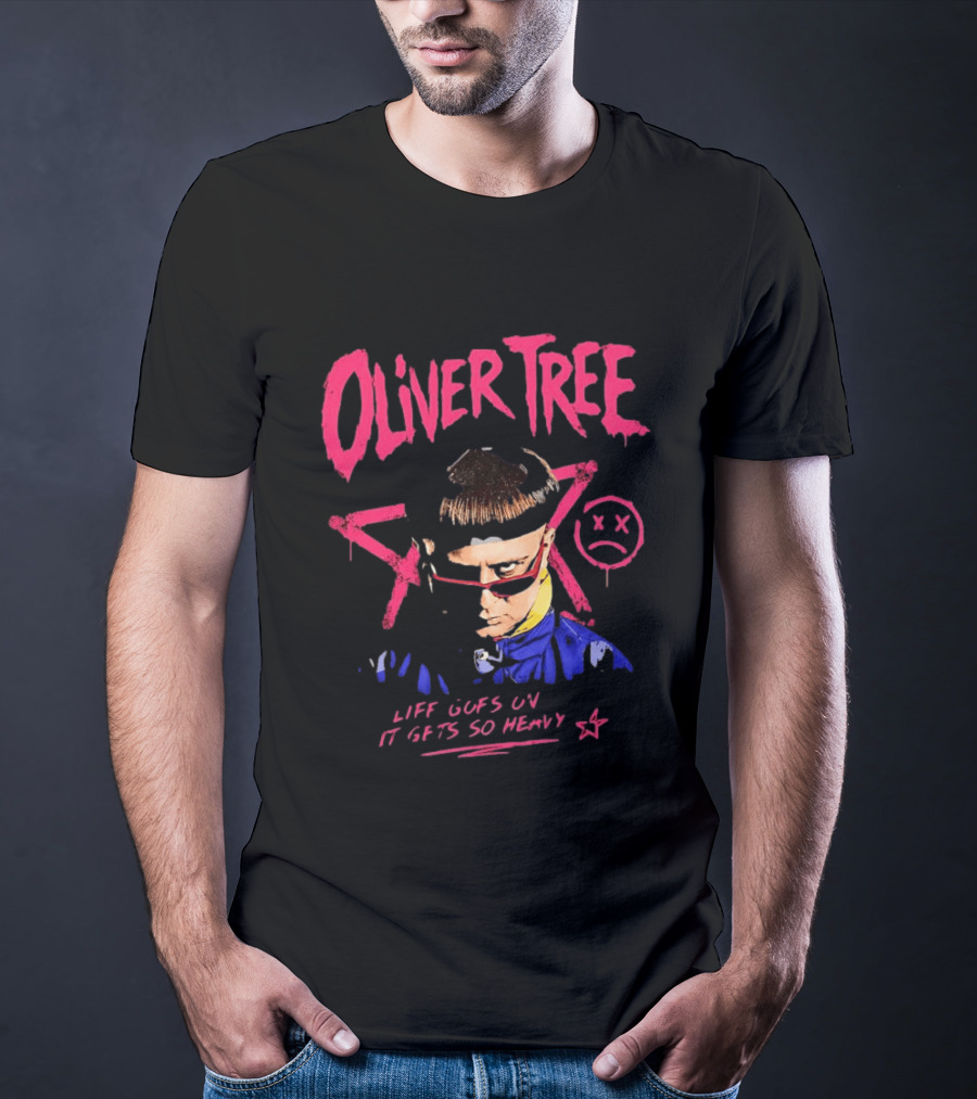 Oliver Tree Life Goes On It Gets So Heavy X Symbol Pink Text Sad Face T-Shirt