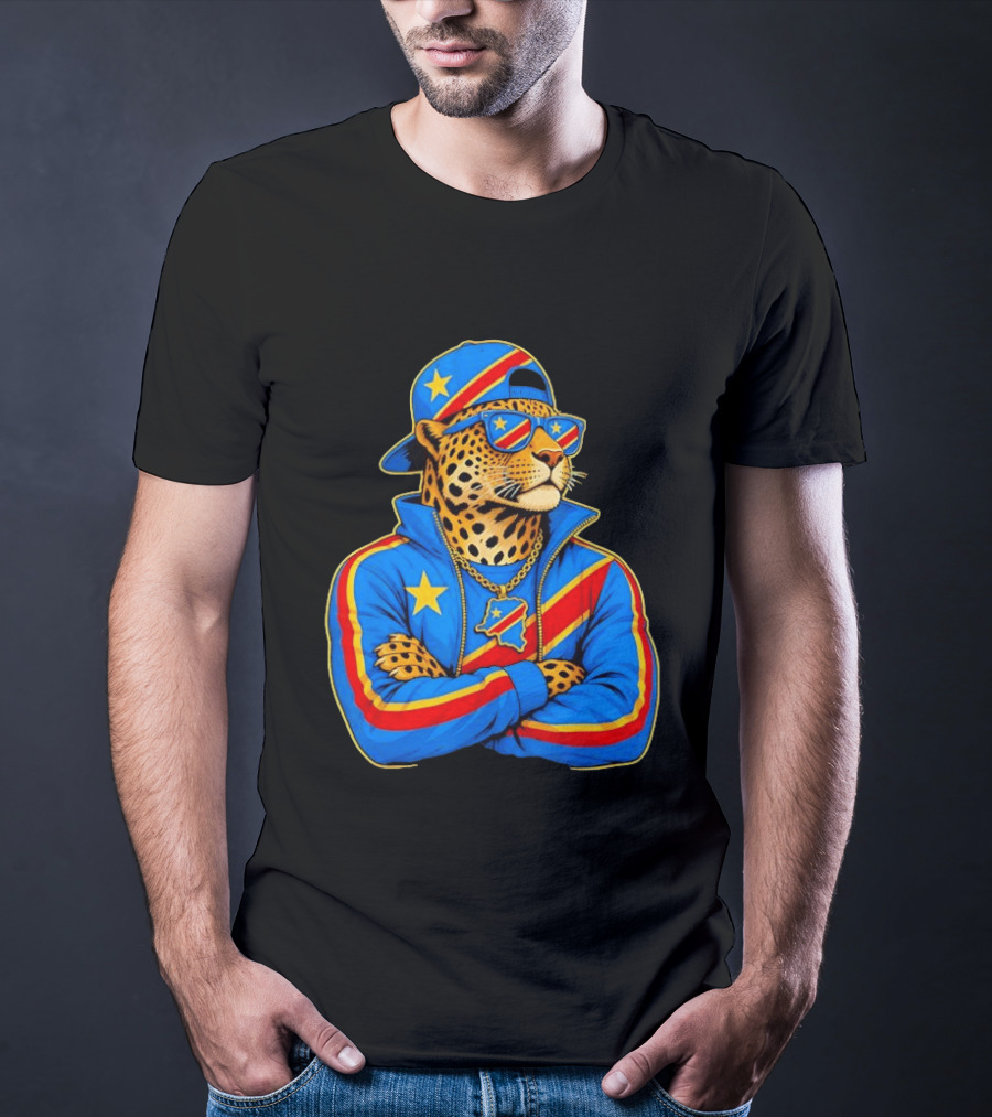 DR Congo Flag Colors Leopard In Hip Hop Style Outfit T-Shirt