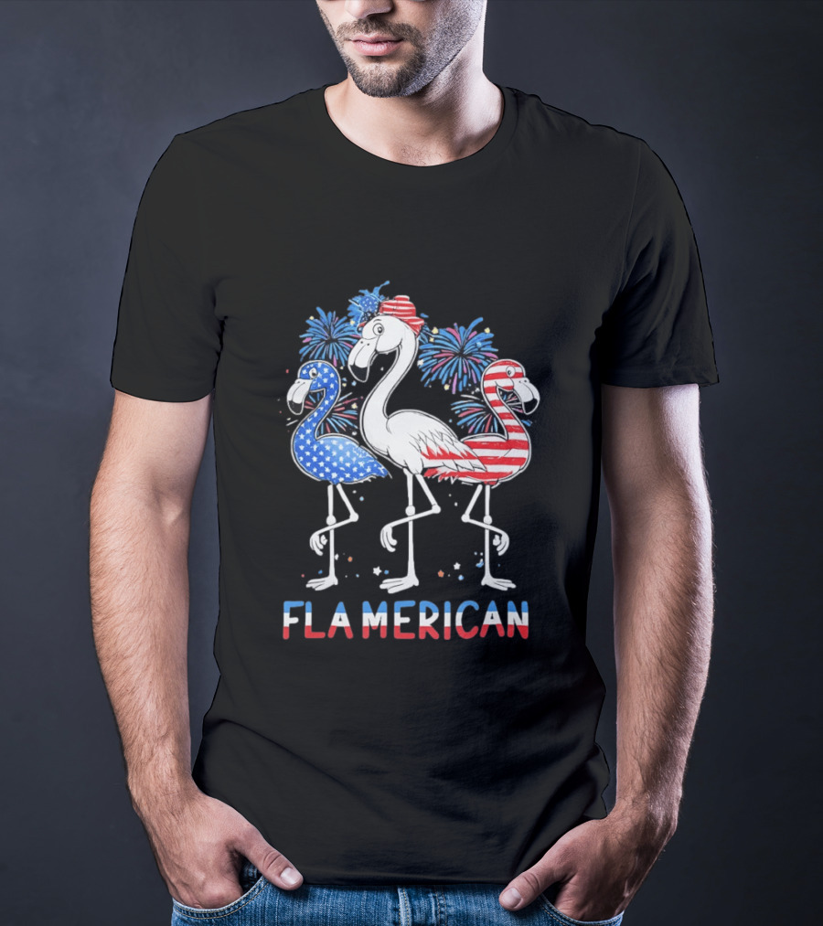 Flamerican Flamingo Fireworks Patriotic Fourth Of July T-Shirt