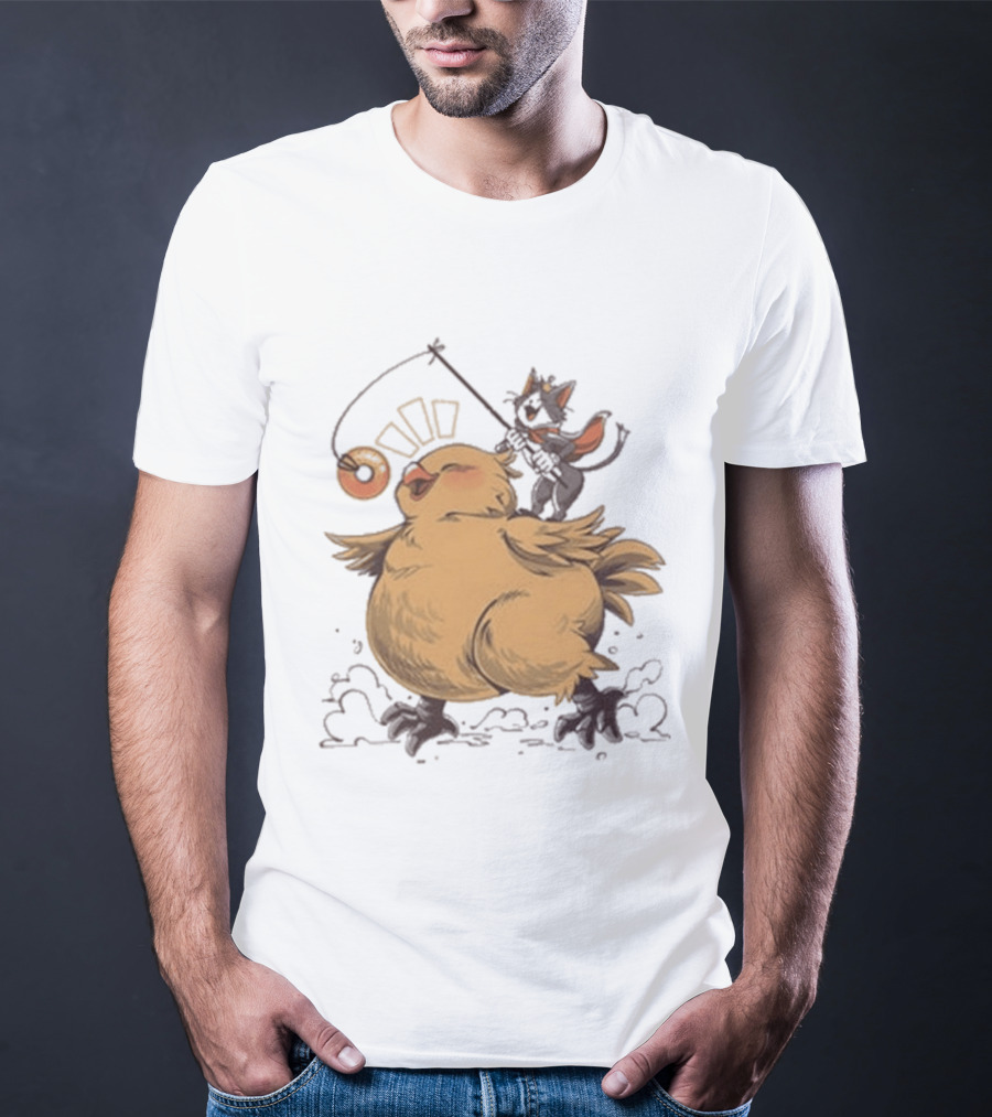 Chocobo Riding Cat Wizard With Donut Lure Delight T-Shirt