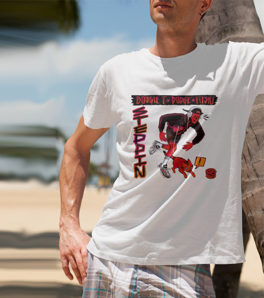 Boogie X Dodge And Fuski Steppin Drama Club Cat With Headphones And Sneakers T-Shirt