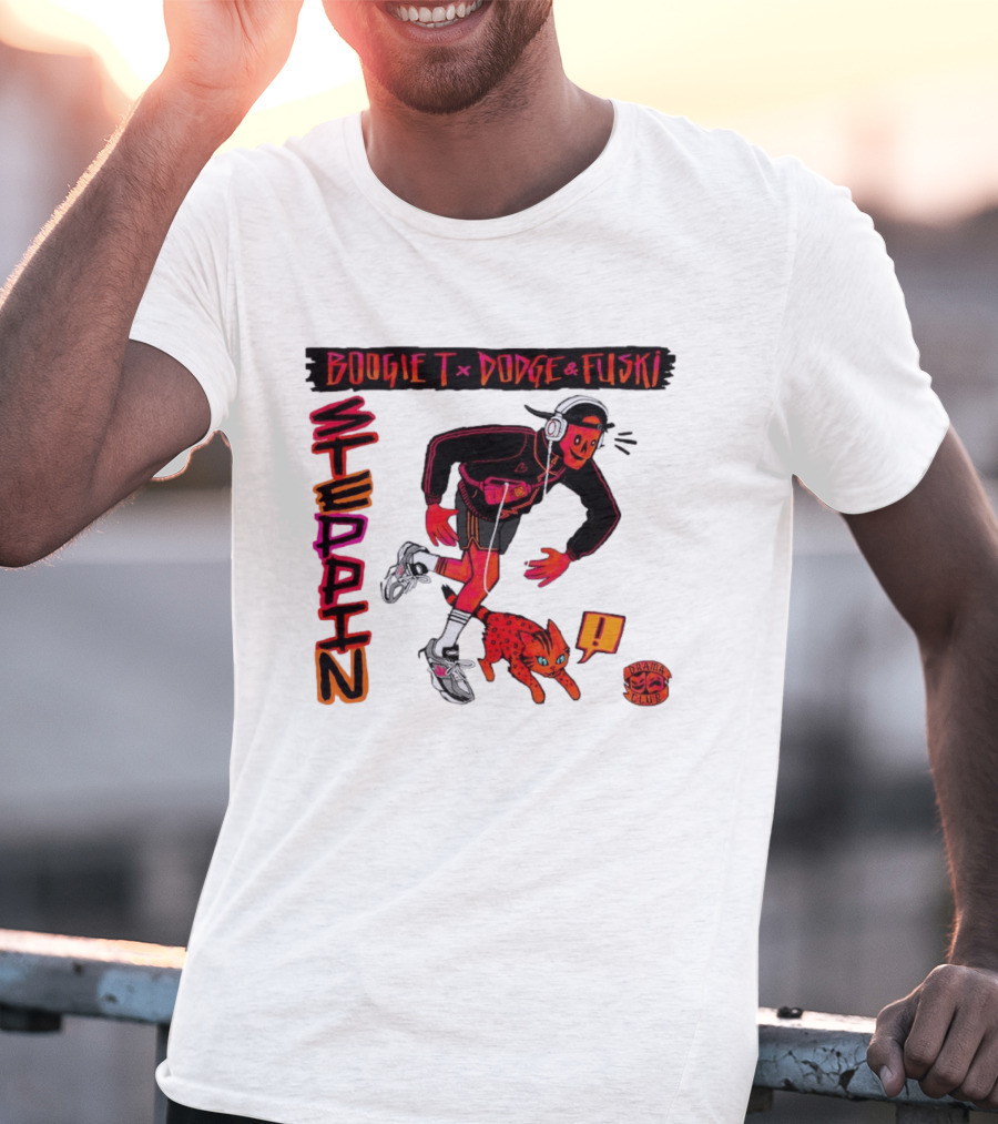 Boogie X Dodge And Fuski Steppin Drama Club Cat With Headphones And Sneakers T-Shirt