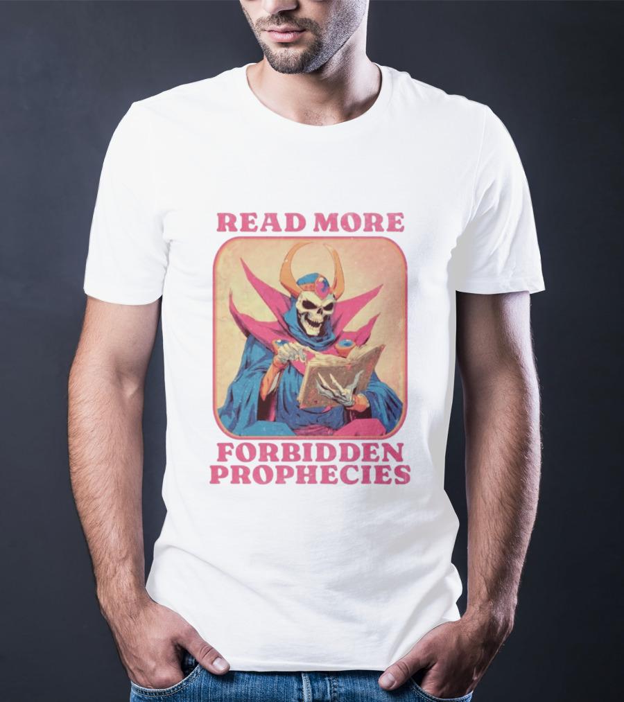 Read More Forbidden Prophecies Skeleton Cloaked Figure Holding Book T-Shirt