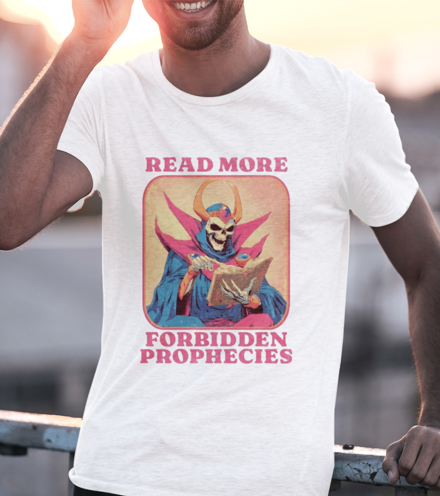 Read More Forbidden Prophecies Skeleton Cloaked Figure Holding Book T-Shirt
