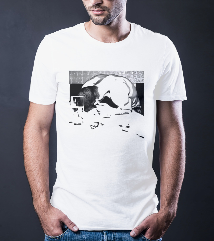 Rough Night Passed Out At Dinner Table Humor Black And White Image T-Shirt