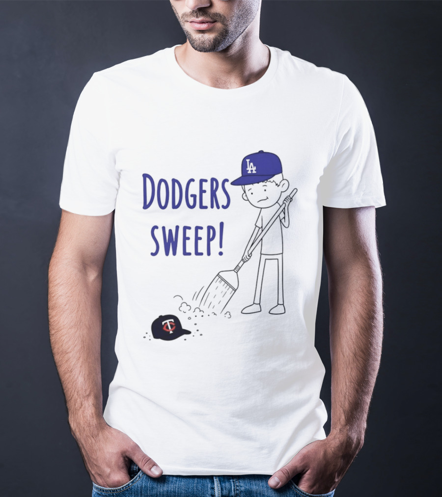 Dodgers Sweep Cartoon Figure In LA Cap Broom Action T-Shirt