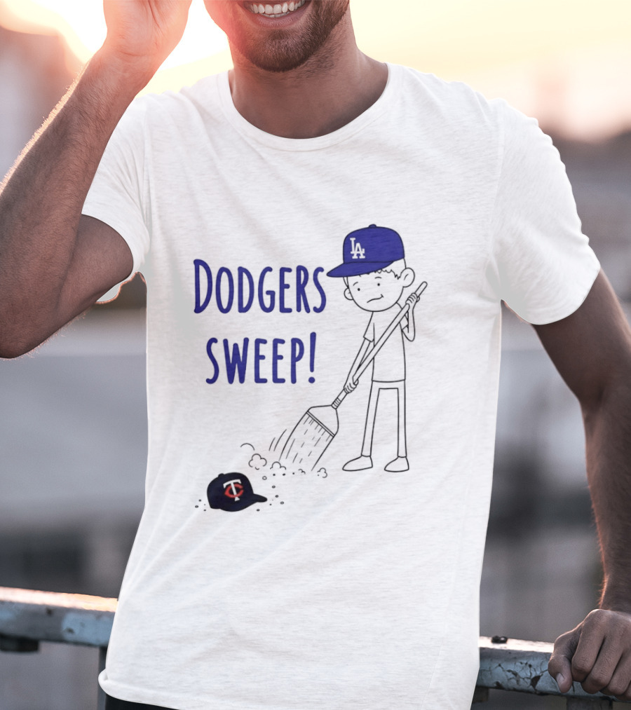 Dodgers Sweep Cartoon Figure In LA Cap Broom Action T-Shirt