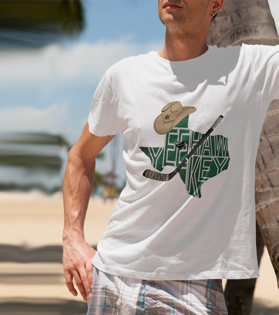 Yeehaw Key Texas Hockey Dallas Stars NHL Cowboy Hat Hockey Stick Map T-Shirt