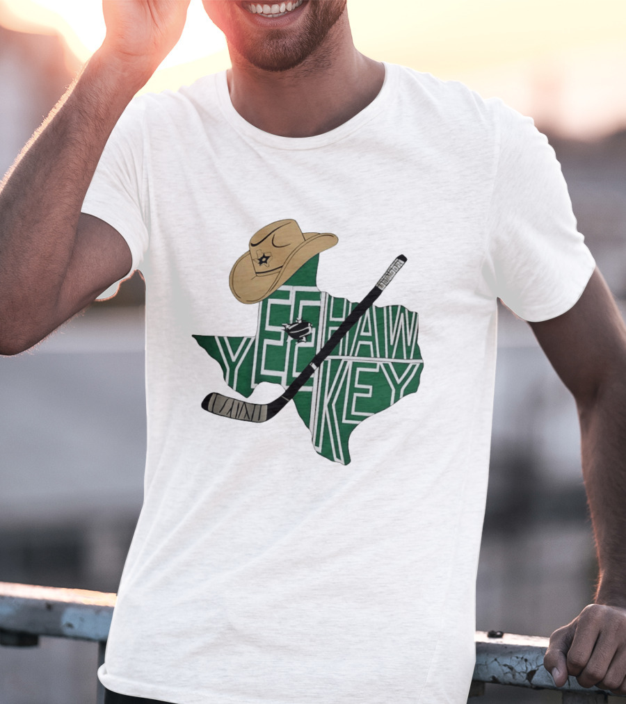 Yeehaw Key Texas Hockey Dallas Stars NHL Cowboy Hat Hockey Stick Map T-Shirt