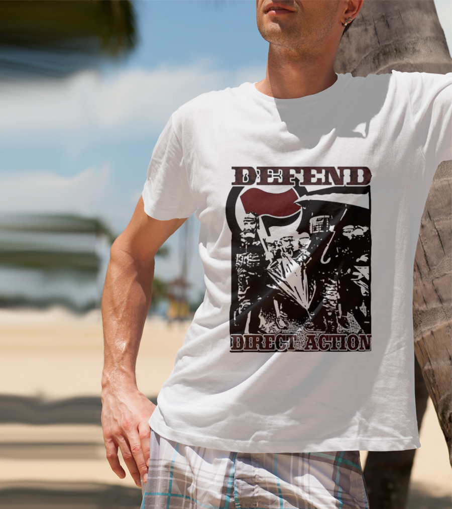 Defend Direct Action Antifa Protest Imagery With Red Flag Iconography T-Shirt